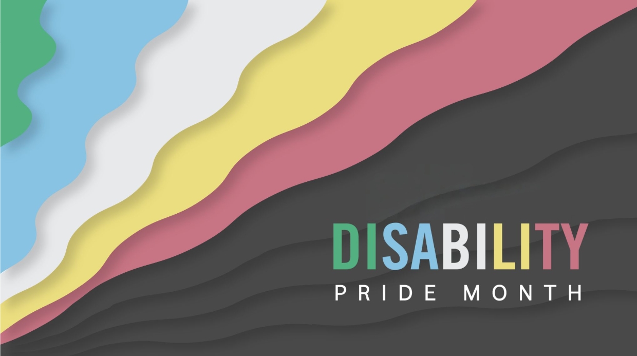 multi-colored squiggly-striped banner with the words 