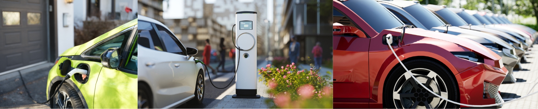 three photos of electric vehicles charging outside