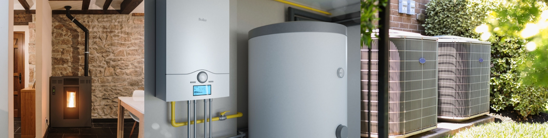 three side-by-side images of home energy improvement equipment: a biomass heater, a water heater, and a pair of hvacs