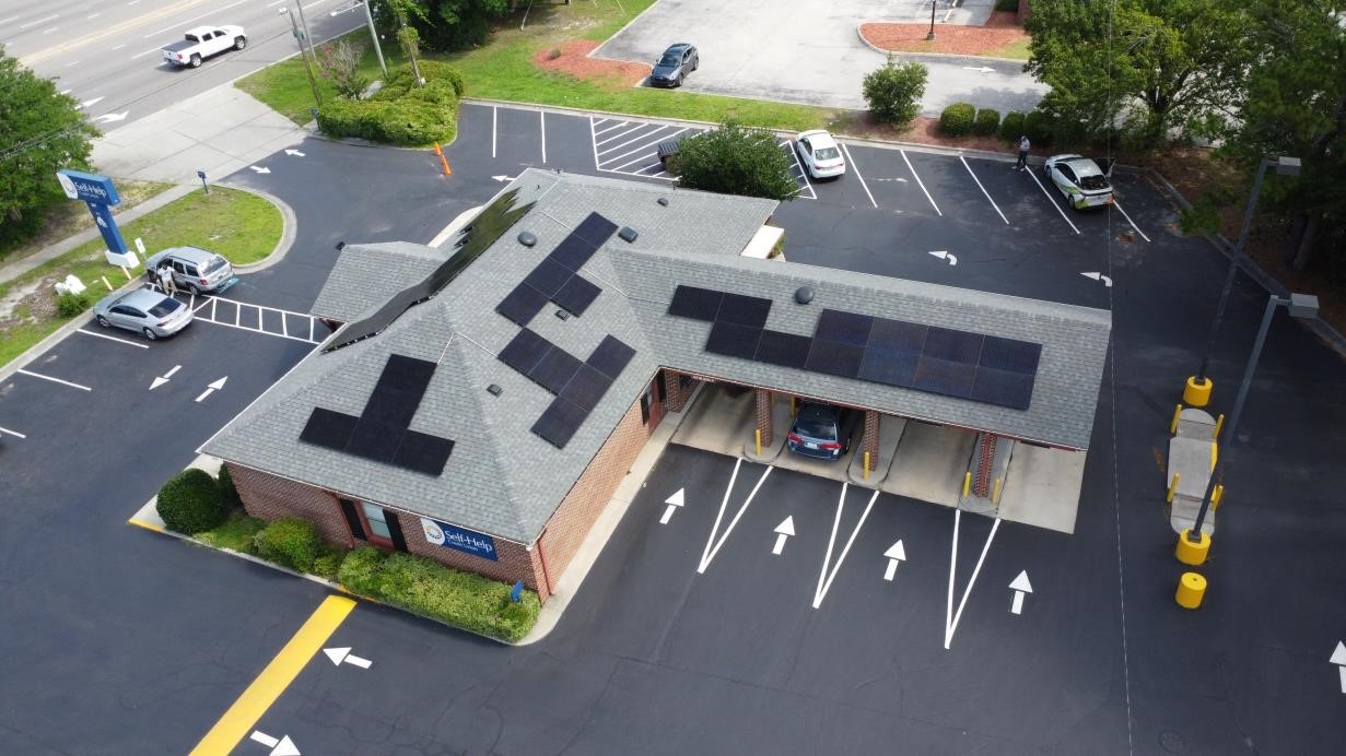 bird eye view of one of Self-Help's branches with solar panels on the roof
