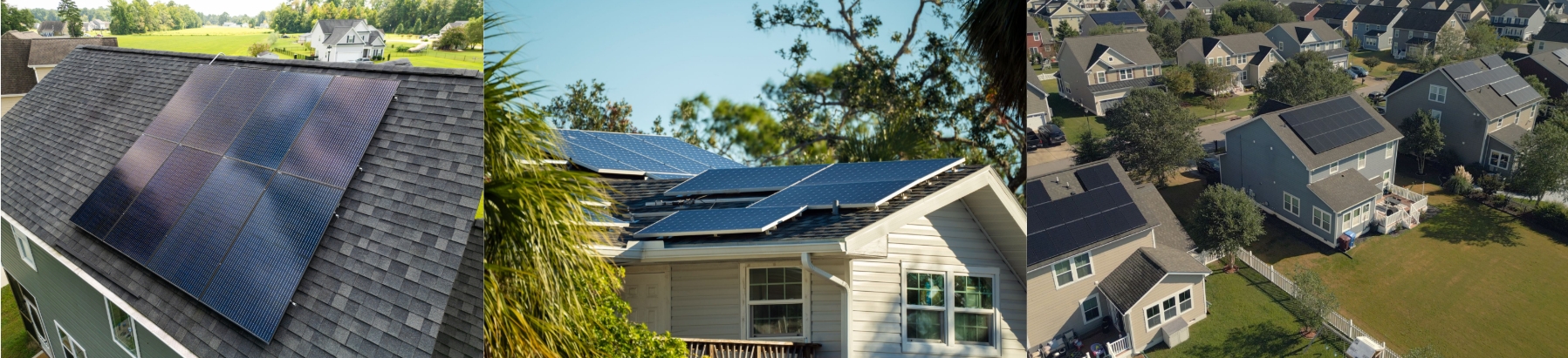 three side-by-side images of houses with solar panels on the roof